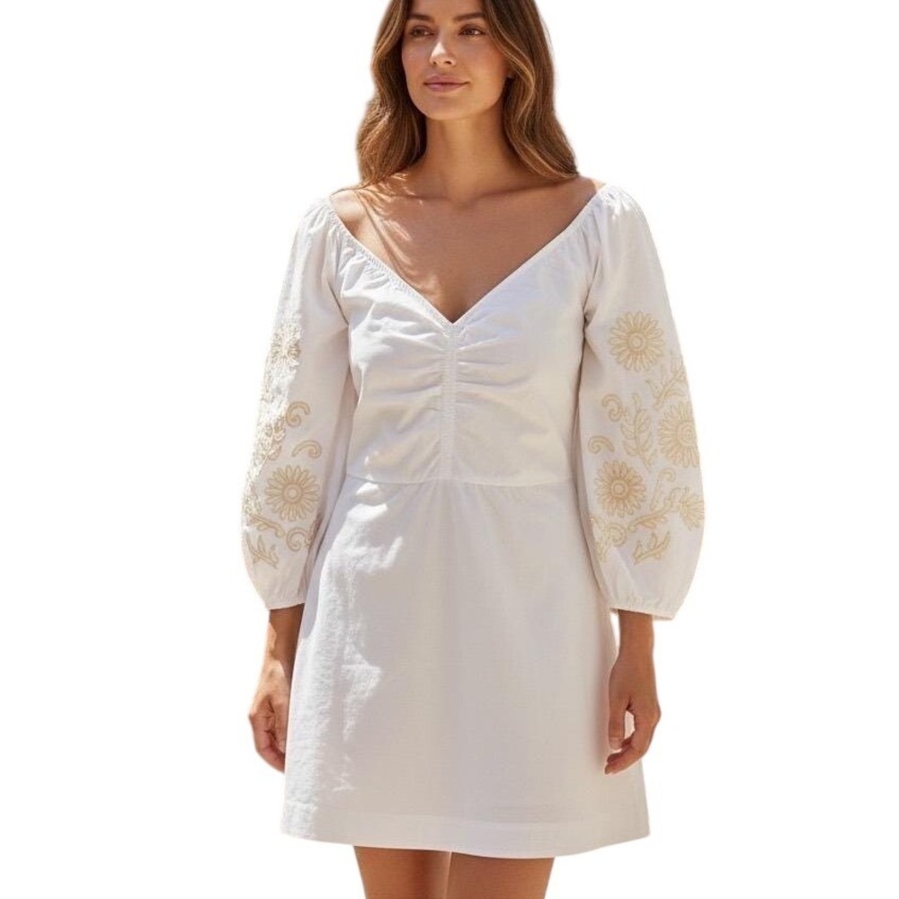 LOFT NWT BOHO White Embroidered V Neck Mini Dress Size 12
